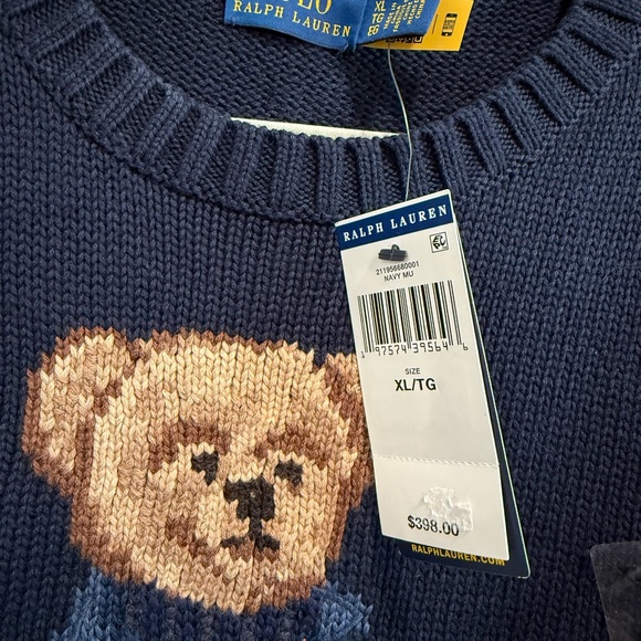 Polo Ralph Lauren Cotton-Linen Crewneck Bear Sweater Navy Blue XL NWT - Picture 4 of 7